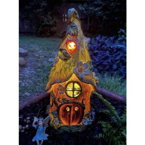 Solar Garden Decor Statues 11Inch Big Resin Gnome Houses Sculptures Spring LED
